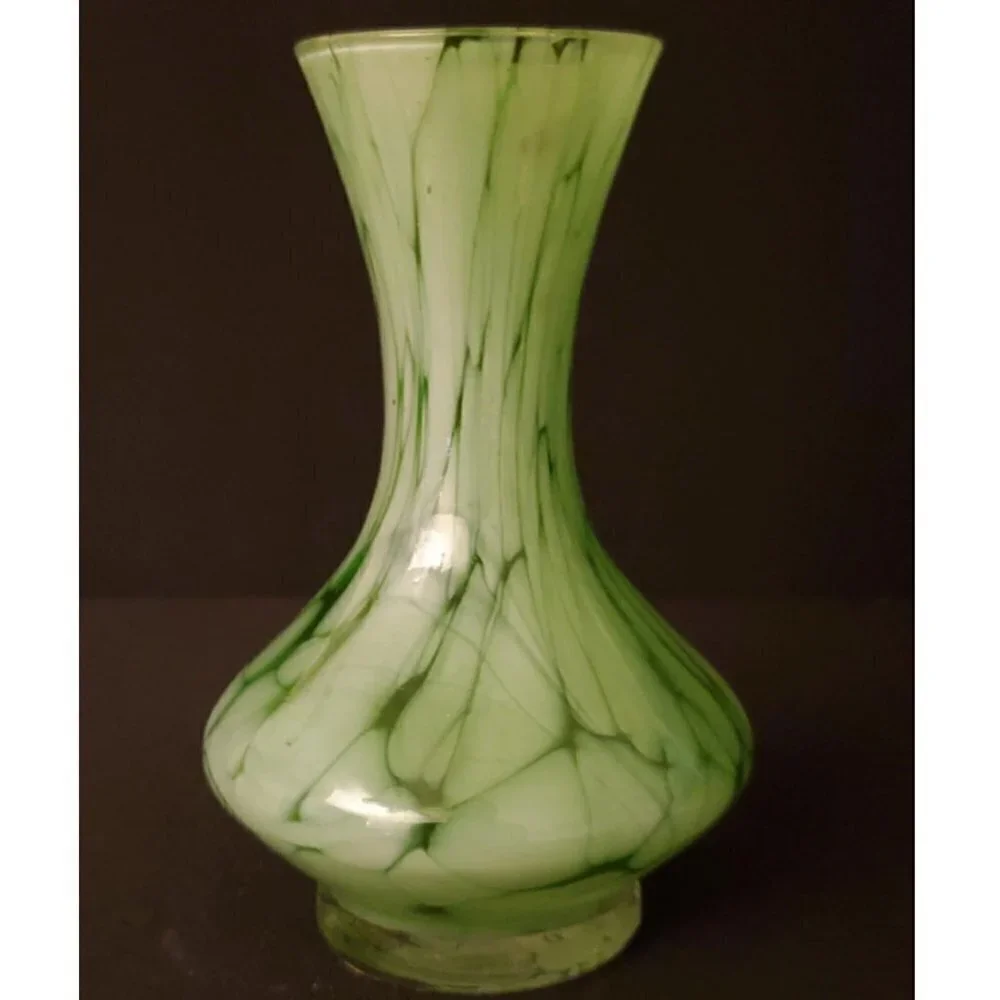 Hand Blown Green and Clear Glass Bud Vase